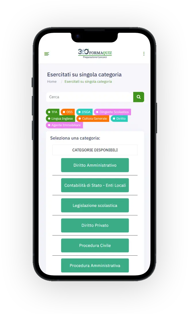 Schermata della lista delle categorie della piattaforma 360 Forma Quiz su dispositivo mobile