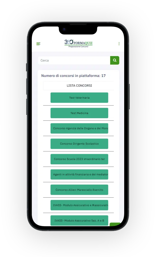 Schermata della lista dei corsi della piattaforma 360 Forma Quiz su dispositivo mobile