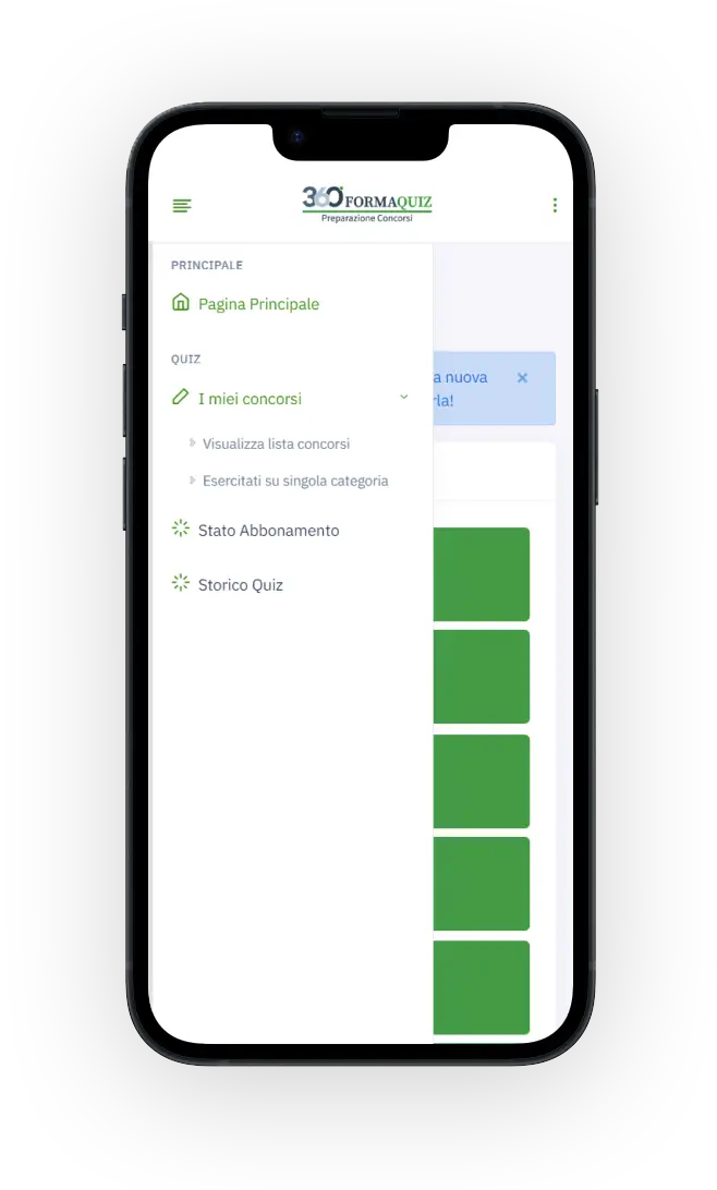 Schermata del menù mobile della piattaforma 360 Forma Quiz su dispositivo mobile